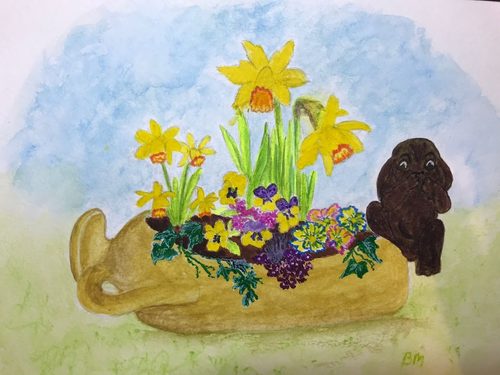 Brenda, spring flowers and pot rabbit garden ornament,watercolour.